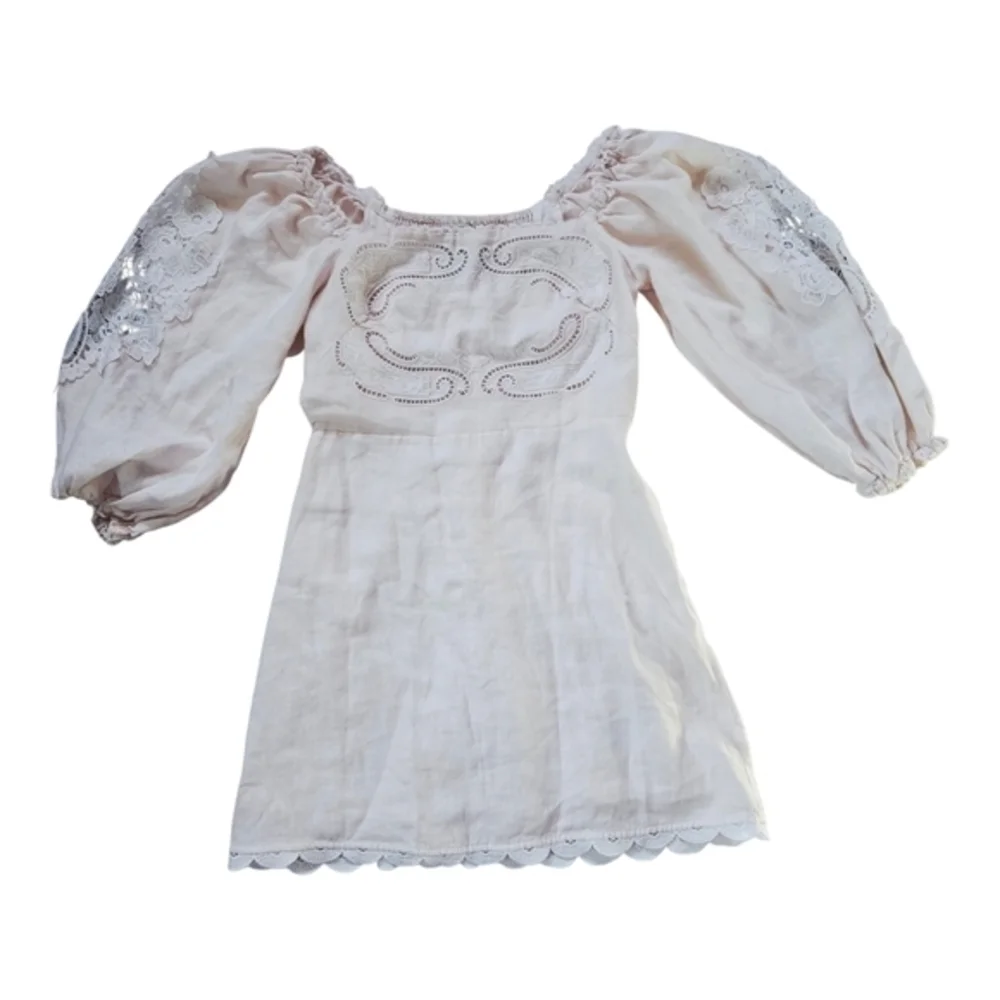 FARM RIO Scalloped Broderie Mini Dress sz Large L‎ Anglaise-trimmed Linen Cream - Picture 3 of 9